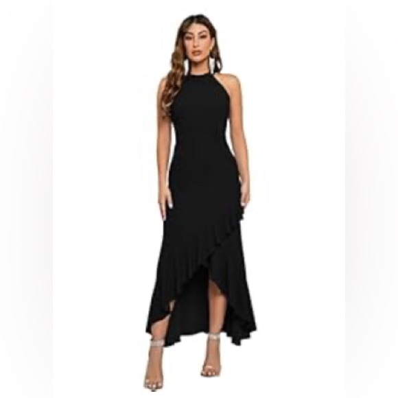 Elegant Black Halter Bodycon Mermaid Hi Low Formal Dress - Picture 1 of 15